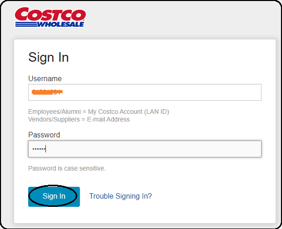 Costco employee Login page